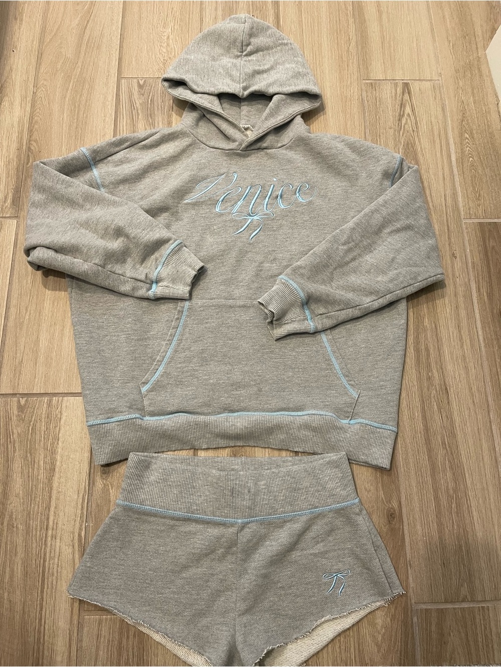 FRANKIES BIKINIS Grey/Blue X Venice Bow Coverup Set Hoodie + Shorts One Size/XS